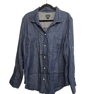 Simply Emma Womens 2X Blue Chambray Shirt Button Front Roll Tab Casual Coastal